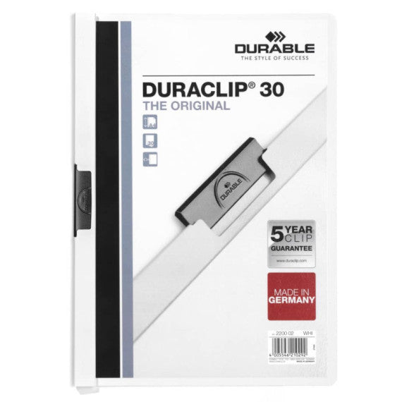 Cartellina con clip Durable DURACLIP® A4 bianco - dorso 3 mm - capacità 30 fogli 2200-02