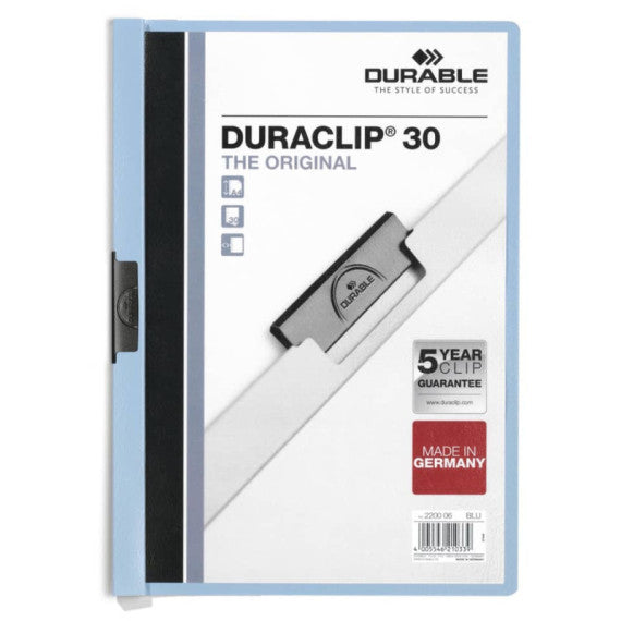 Cartellina con clip Durable DURACLIP® A4 - dorso 3 mm - capacità 30 fogli azzurro - 220006