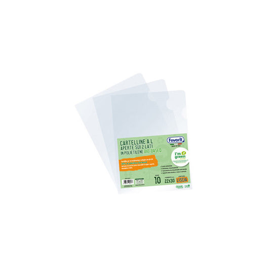 Cartelline a L - 22 x 30 cm - PE Bio-Based - liscio superior - trasparente - Favorit - conf. 10 pezzi