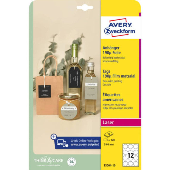 Cartellini micro-perforati Avery ultraresistenti in plastica 190µ tondi bordi lisci in conf. da 120 pz T3004-10