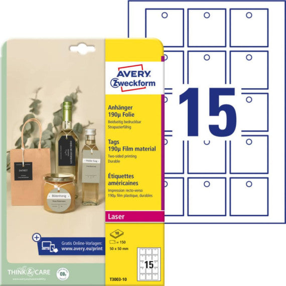 Cartellini micro-perforati Avery ultraresistenti in plastica da 190µ bordi lisci in conf. da 150 pz T3003-10