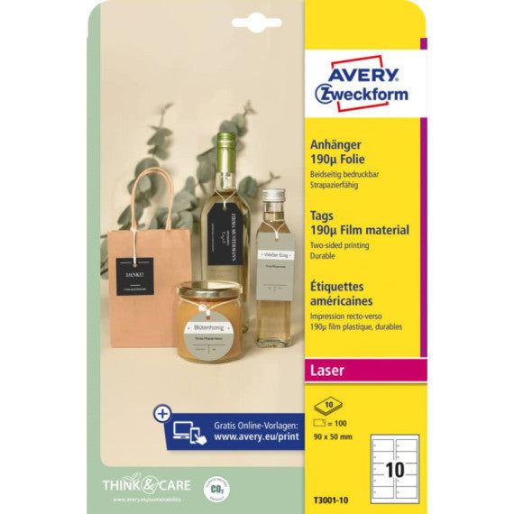 Cartellini micro-perforati Avery ultraresistenti in plastica da 190µ rettangolari in conf. da 100 pz T3001-10