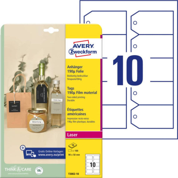 Cartellini micro-perforati Avery ultraresistenti in plastica da 190µ rettangolari in conf. da 100 pz T3002-10