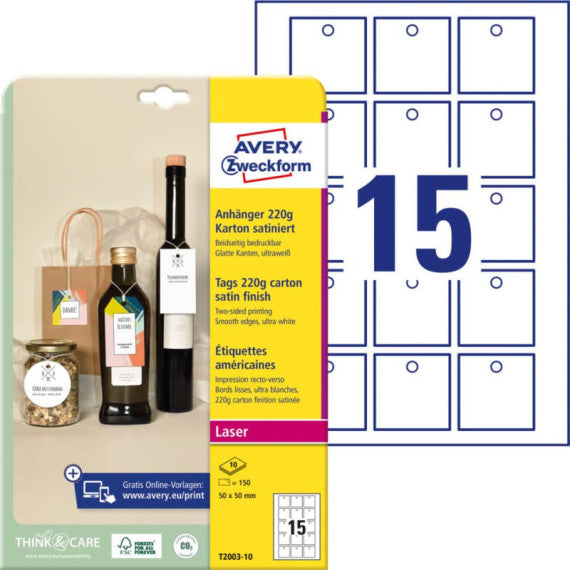 Cartellini quadrati micro-perforati Avery in cartoncino da 220 g in conf. 150 pz 50x50 mm - T2003-10