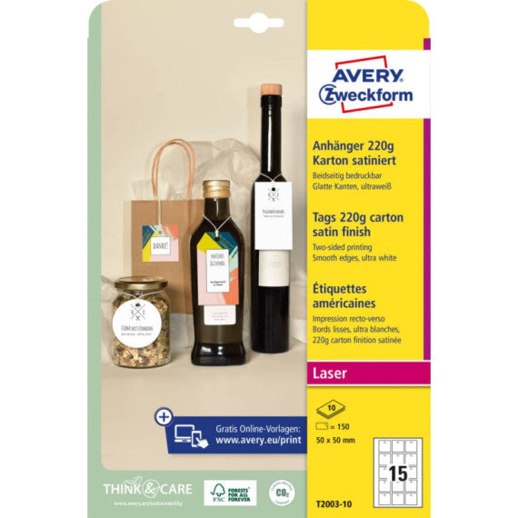 Cartellini quadrati micro-perforati Avery in cartoncino da 220 g in conf. 150 pz 50x50 mm - T2003-10