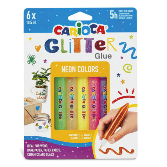 Colla colorata 10,5 ml Carioca effetto glitter - blister da 6 pezzi - colore neon - 42111
