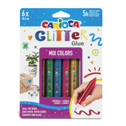 Colla colorata 10,5 ml Carioca effetto glitter - blister da 6 pezzi - colori assortiti mix - 42112