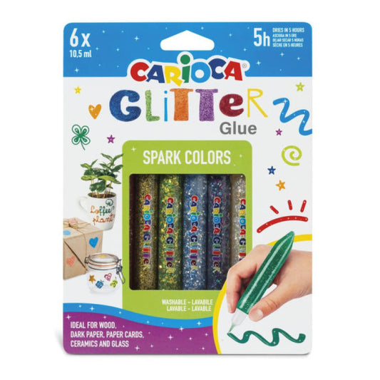 Colla colorata 10,5 ml Carioca effetto glitter - blister da 6 pezzi - colori assortiti spark - 42110
