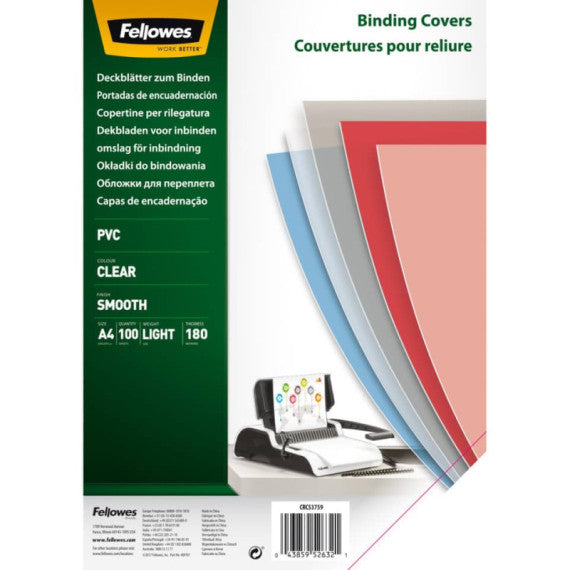 Copertine per rilegatrici FELLOWES Clear PVC A4 180my conf.100 pz - 5375901