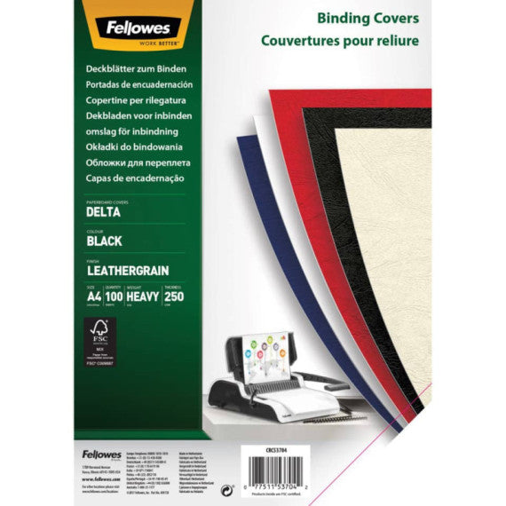 Copertine per rilegatrici FELLOWES Delta goffrate cartoncino nero A4 250 g/m² conf. 100 pezzi - 5370405