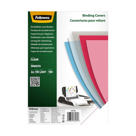 Copertine per rilegatura A4 in PET trasparente  Fellowes 180 micron conf. 100 pezzi - 5384601