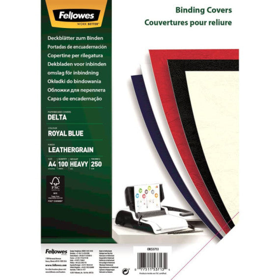 Copertine per rilegatura FELLOWES Delta goffrate cartoncino royal blu A4 250 g/m² conf. 100 pezzi - 5371305