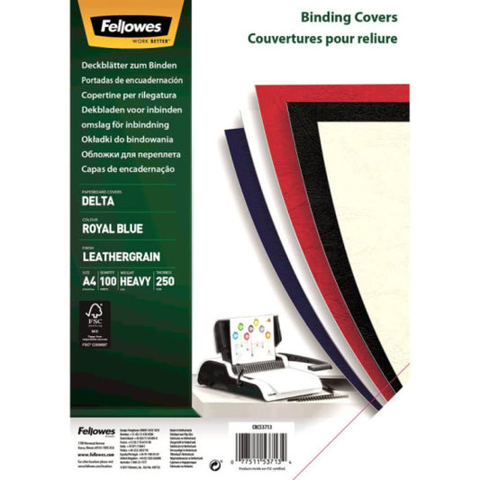 Copertine per rilegatura FELLOWES Delta goffrate cartoncino royal blu A4 250 g/m² conf. 100 pezzi - 5371305