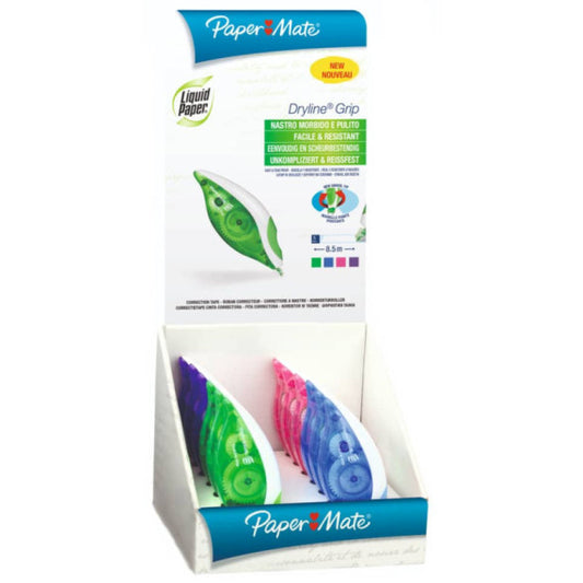 Correttore a nastro Paper Mate Dryline Grip 5 mm x 8,5 mt assortiti Conf. 24 pezzi - 1862885