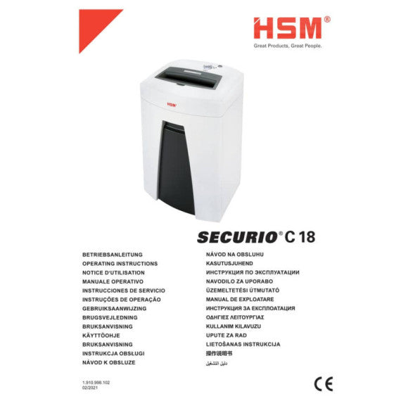 Distruggidocumenti uso moderato HSM SECURIO C18 - P-2 - 25 L - taglio a strisce 5,8 mm - bianco - 1911121