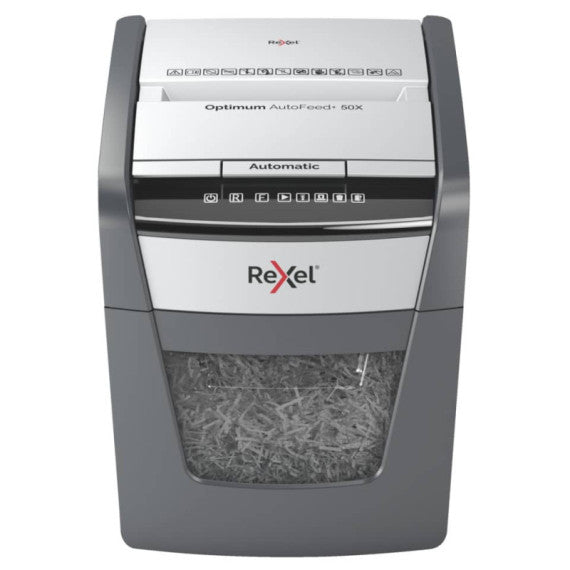 Distruggidocumenti uso personale Rexel Optimum AutoFeed+ 50X EU - P-4 - 20 L - taglio frammenti 4x28 mm nero 2020050XEU