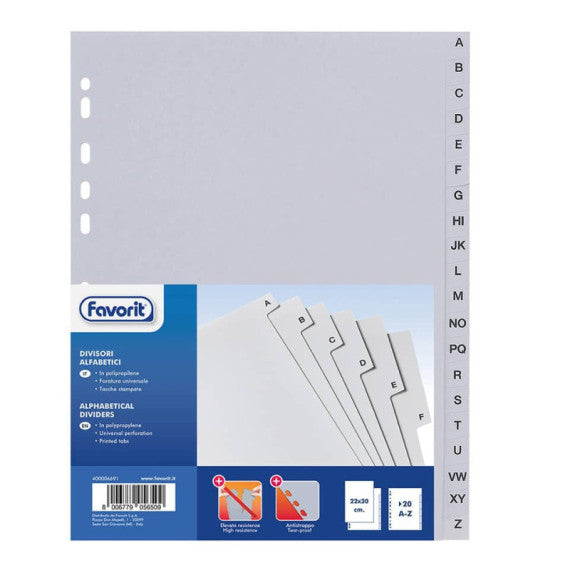 Divisore alfabetico Favorit 20 tacche A-Z 21x29,7 cm grigio 400006681