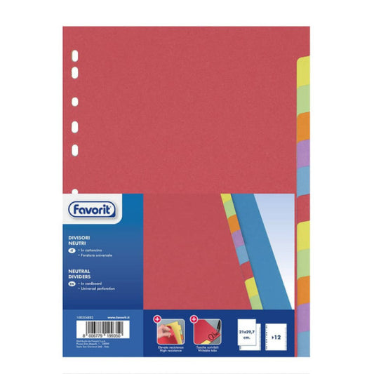 Divisore in cartoncino Favorit 12 tacche neutre colorate 21x29,7 cm assortiti 100204882