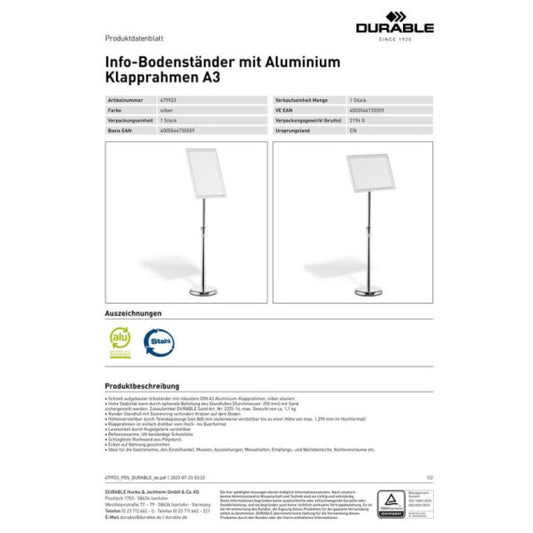 Espositore da pavimento Durable con cornice a scatto in alluminio formato A3 4799-23