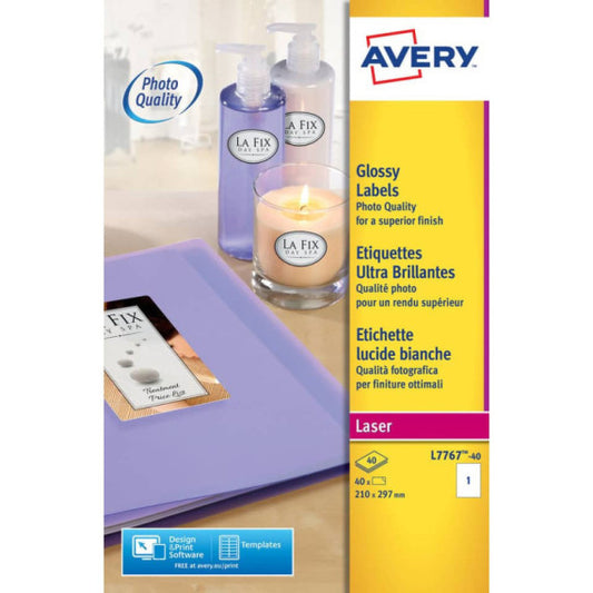 Etichette bianche lucide Avery 210x297 mm 1 et./foglio - per stampanti laser - conf. 40 fogli - L7767-40