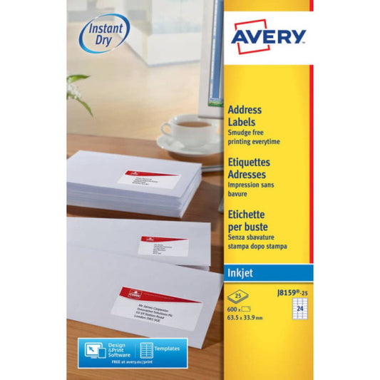 Etichette bianche per buste AVERY QuickDRY? 63,5x33,9 mm - 24 et/foglio - stampanti inkjet - cf. 25 fogli J8159-25