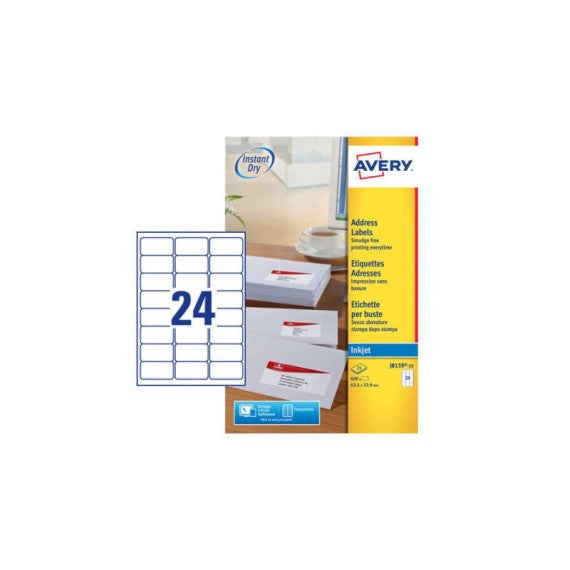 Etichette bianche per buste AVERY QuickDRY? 63,5x33,9 mm - 24 et/foglio - stampanti inkjet - cf. 25 fogli J8159-25
