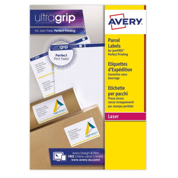 Etichette bianche per indirizzi AVERY Ultragrip? 199,6x143,5 mm - 2 et/foglio stampanti laser cf. 100 fogli L7168-100