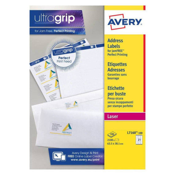 Etichette bianche per indirizzi AVERY Ultragrip? 63,5x38,1 mm - 21 et/foglio stampanti laser cf. 100 fogli L7160-100
