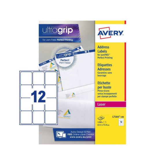 Etichette bianche per indirizzi AVERY Ultragrip? 63,5x72 mm - 12 et/foglio - stampanti laser cf. 100 fogli L7164-100