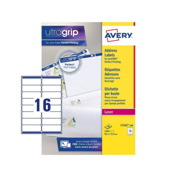 Etichette bianche per indirizzi AVERY Ultragrip? 99,1x33,9 mm - 16 et/foglio - stampanti laser cf. 100 fogli L7162-100