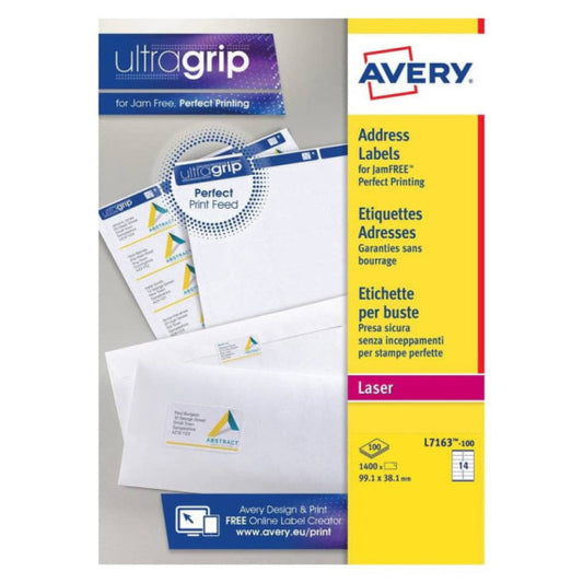 Etichette bianche per indirizzi AVERY Ultragrip? 99,1x38,1 mm - 14 et/foglio - stampanti laser cf. 100 fogli L7163-100