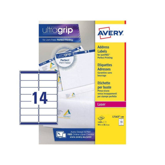 Etichette bianche per indirizzi AVERY Ultragrip? 99,1x38,1 mm - 14 et/foglio - stampanti laser cf. 100 fogli L7163-100