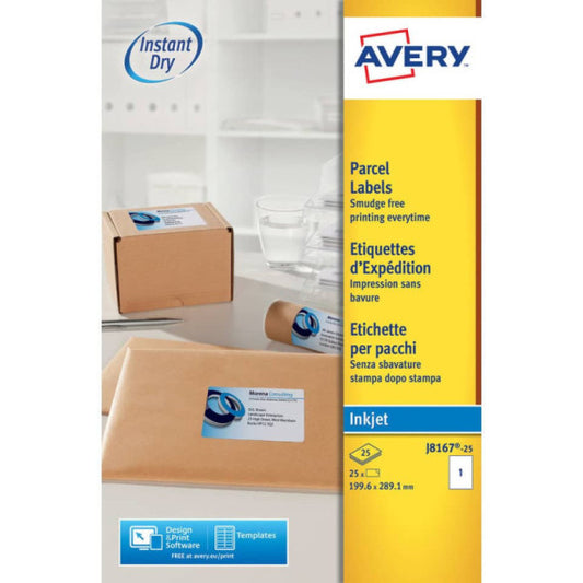 Etichette bianche per pacchi AVERY QuickDRY? 199,6x289,1 mm - 1 et/foglio - stampanti inkjet - cf. 25 fogli J8167-25