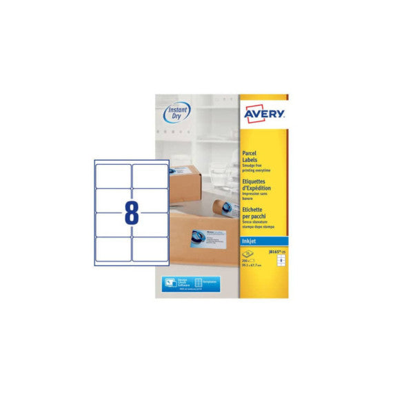 Etichette bianche per pacchi AVERY QuickDRY? 99,1x67,7 mm - 8 et/foglio - stampanti inkjet - cf. 25 fogli J8165-25