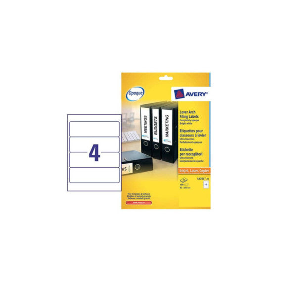 Etichette bianche per raccoglitori Avery Ultragrip? 61x192 mm - 4 et/foglio - stampanti laser - Conf 25 fogli L4761-25