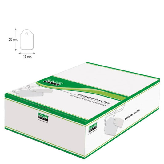 Etichette con filo in cartoncino bianco Lebez formato 13x20 mm - conf. 1000 pezzi - A387