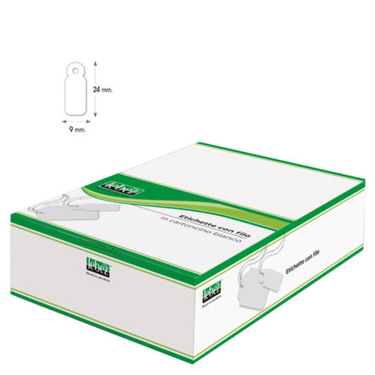 Etichette con filo in cartoncino bianco Lebez formato 9x24 mm - conf. 1000 pezzi - A384