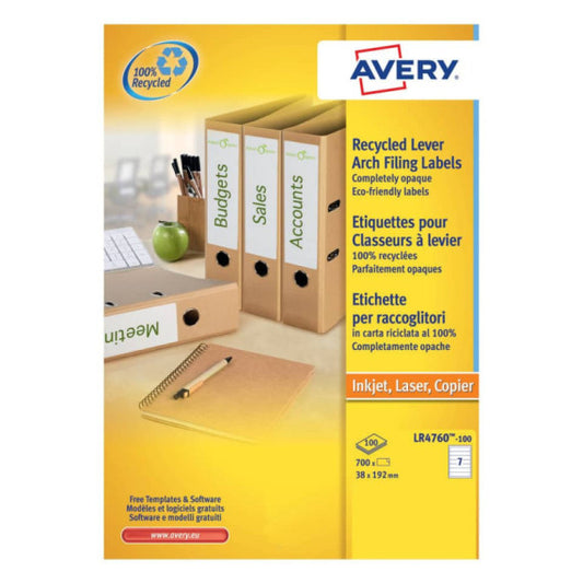 Etichette in carta riciclata bianca per raccoglitori Avery 38x192 mm - 7 et/foglio - Laser cf.100 ff - LR4760-100