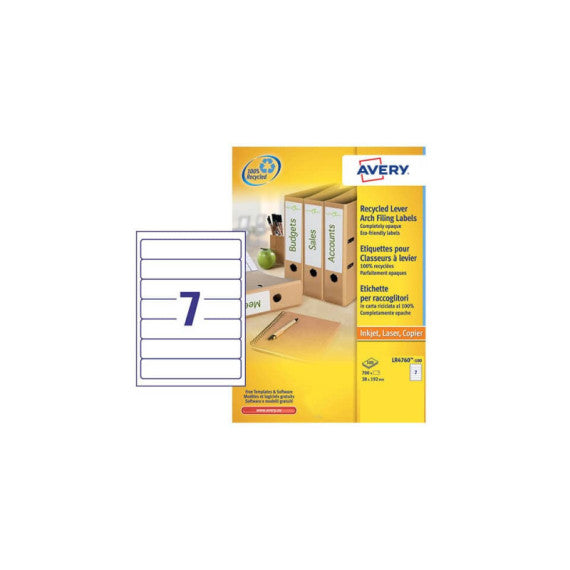 Etichette in carta riciclata bianca per raccoglitori Avery 38x192 mm - 7 et/foglio - Laser cf.100 ff - LR4760-100