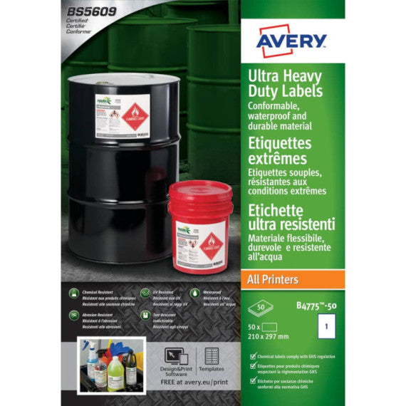 Etichette in Teslin bianco Avery Laser/Inkjet 1 et./foglio 210x297 mm conf. 50 fogli - B4775-50