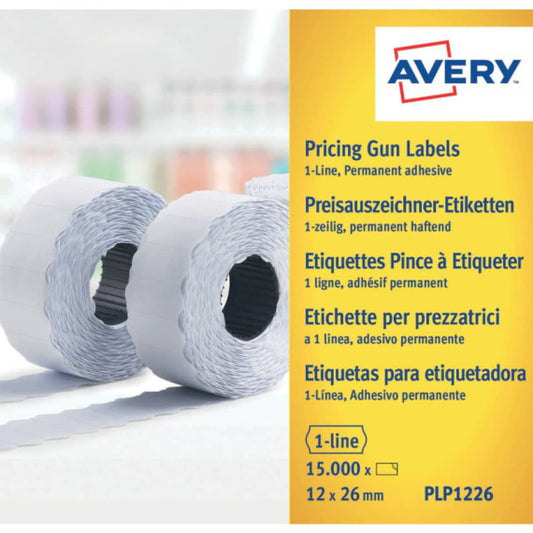 Etichette permanenti per prezzatrici 1 linea Avery 12x26 mm bianco - Conf. 10 rotoli da 1500 etichette - PLP1226