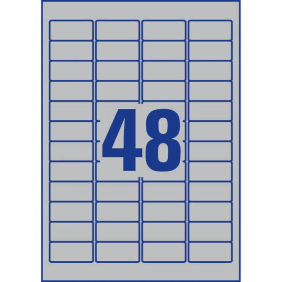 Etichette permanenti poliestere argento Avery 45,7x21,2 mm - 48 et/foglio - laser monocolore conf. 100 ff L6009-100