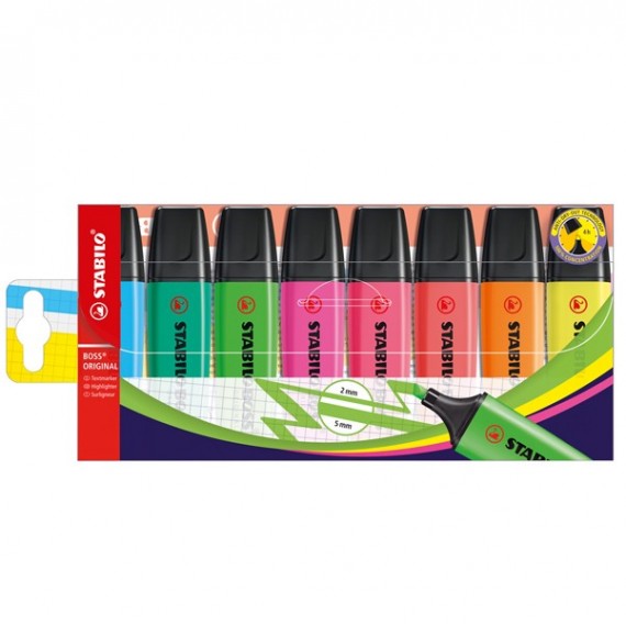 Evidenziatore Boss Original - punta a scalpello - tratto 2 - 5 mm - colori assortiti - Stabilo - busta 6 pezzi