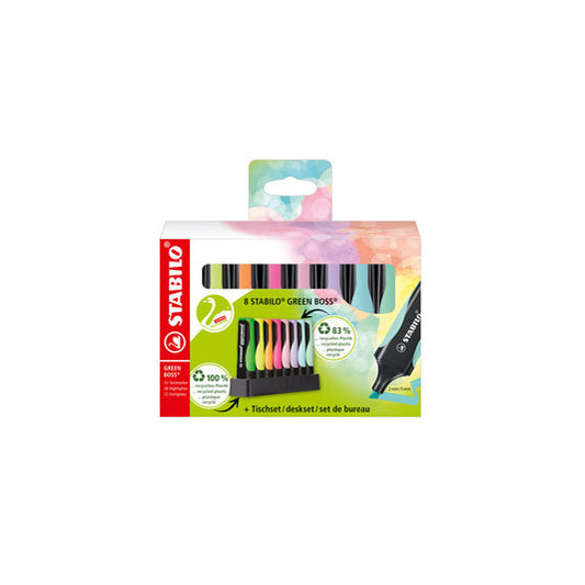 Evidenziatore Stabilo® Green Boss® - punta a scalpello - tratto 2 - 5mm - colori assortiti - Stabilo - deskset 8 pezzi