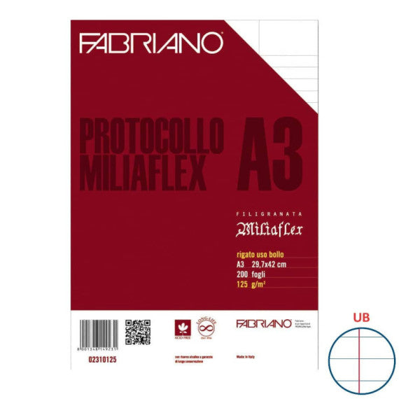 Fogli Fabriano Protocollo Miliaflex A3 125 g/m² rigato uso bollo con margini - Conf. 200 fogli - 02310125