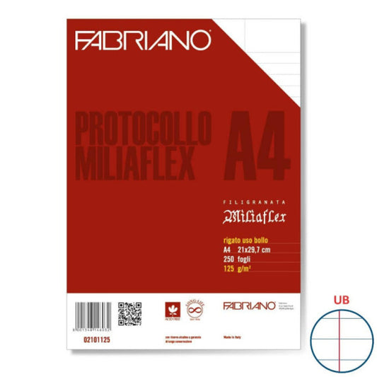 Fogli Fabriano Protocollo Miliaflex bianco 125 g/m² A4 rigato uso bollo con margini - Conf. 250 pezzi - 02101125