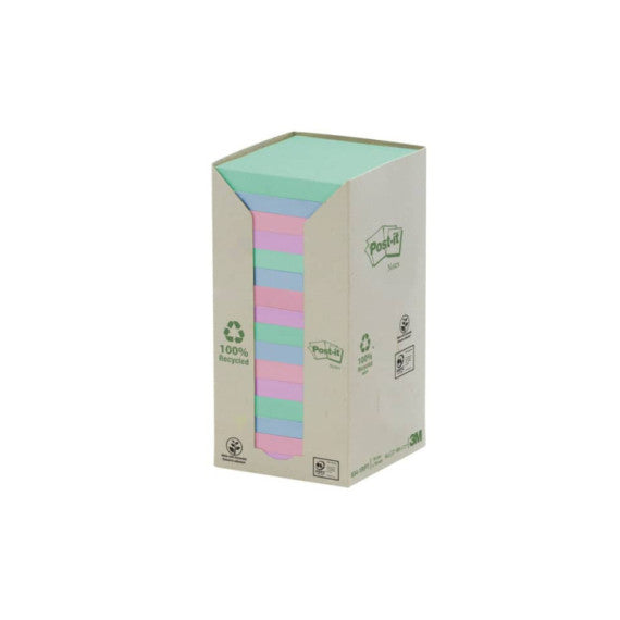 Foglietti Post-it® Notes carta riciclata 76x76mm assort pastello Torre da 16 blocchetti da 100 ff - 654-1RPT