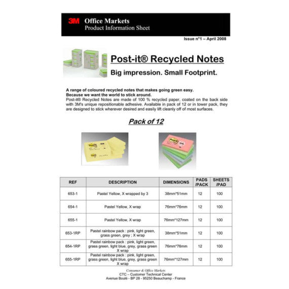Foglietti Post-it® Notes Giallo Canary? 76x76 mm carta riciclata Torre da 16 blocchetti da 100 ff - 654-1T