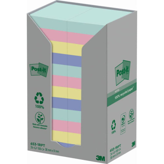 Foglietti Post-it® Notes in carta riciclata assortiti pastello conf. Torre da 24 blocchetti da 100 ff - 653-1RPTN