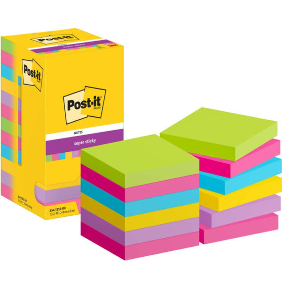 Foglietti Post-it® Super Sticky Notes 76x76 mm assortiti conf. 12 blocchetti da 90 ff - 654-12SS-UC
